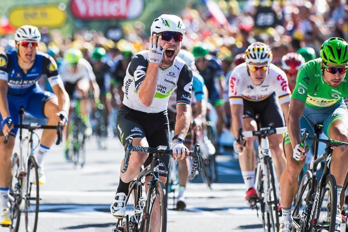 Mark Cavendish crosses the line for fourth victory in the 2016 tour de france