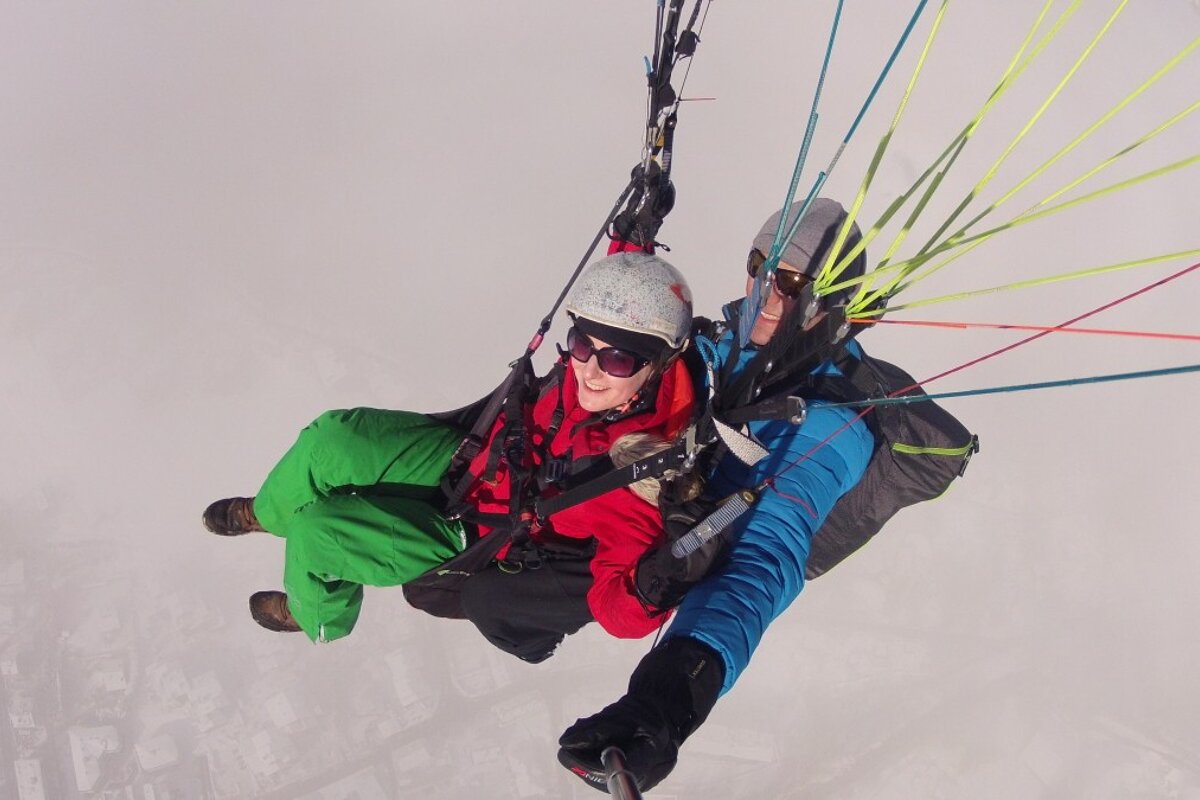 A tandem paragliding pair