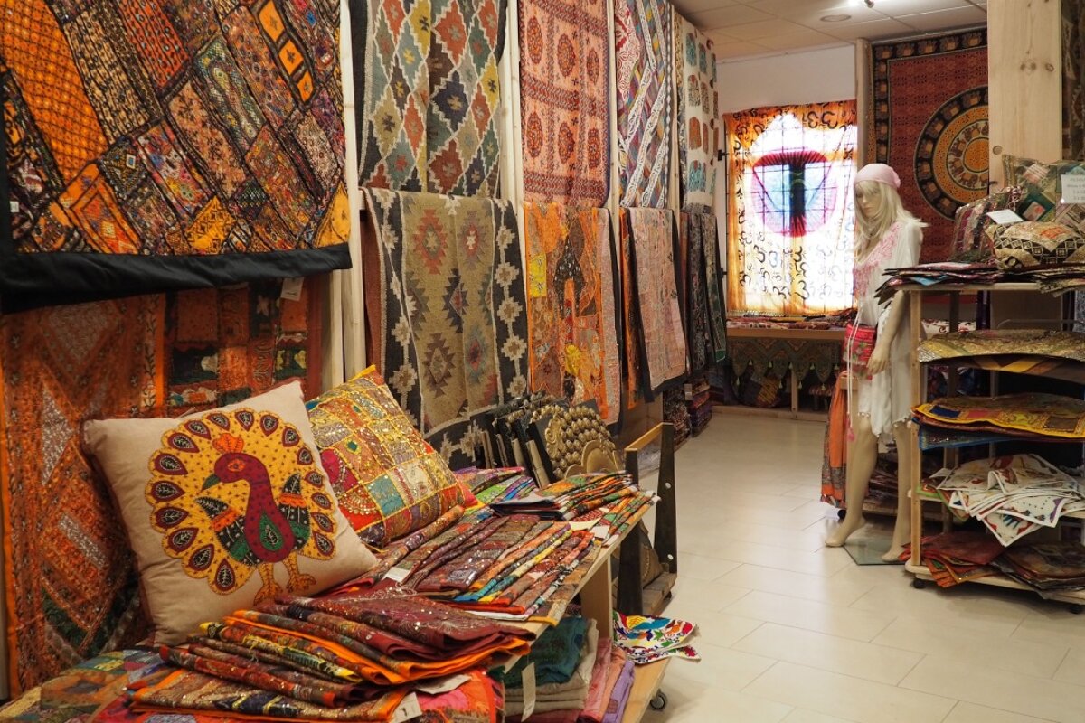 interior of a shop with lots of indian style interior furnishings in santa gertrudis ibiza