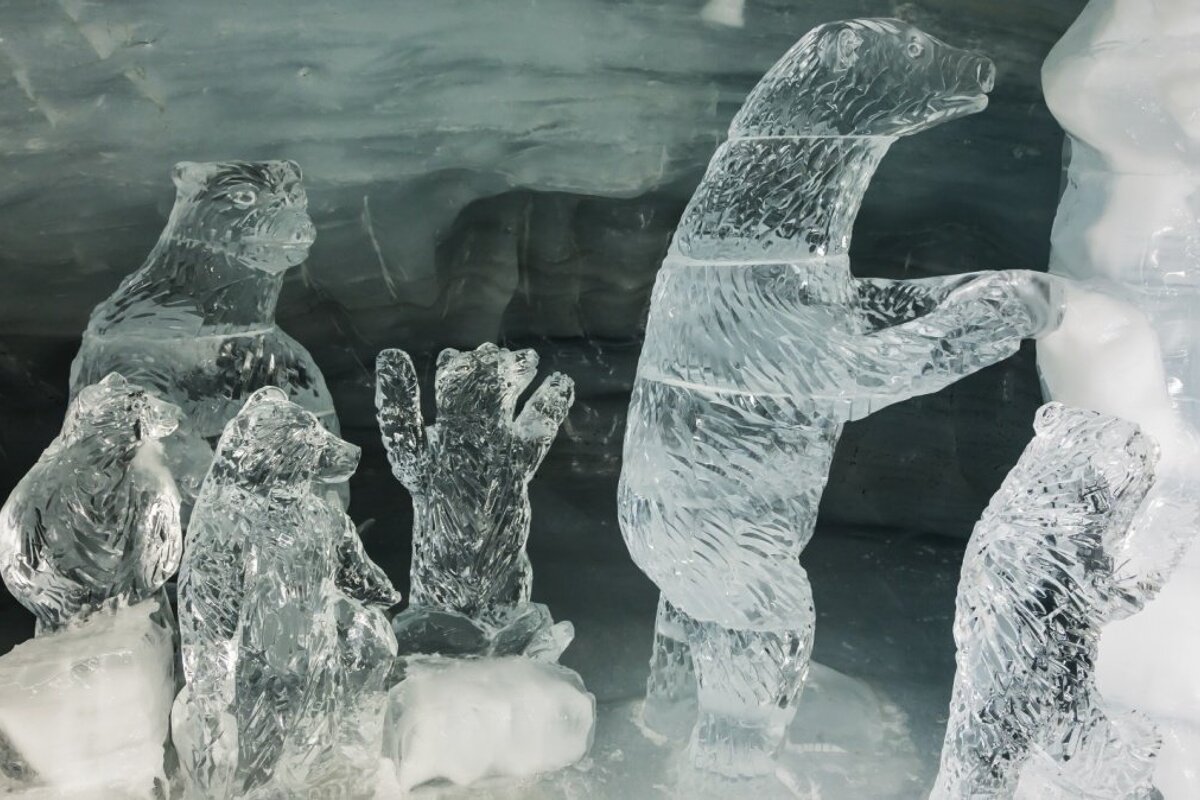 sculptures within the ice grotto at la plagne