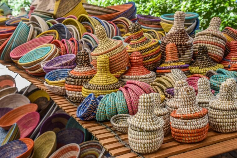 Colourful baskets for sale at Artá Market