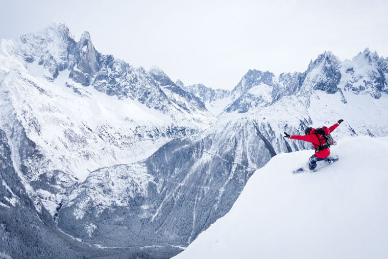 Slash on a bank in Flegere's Lachenal Bowl with a classic Chamonix backdrop