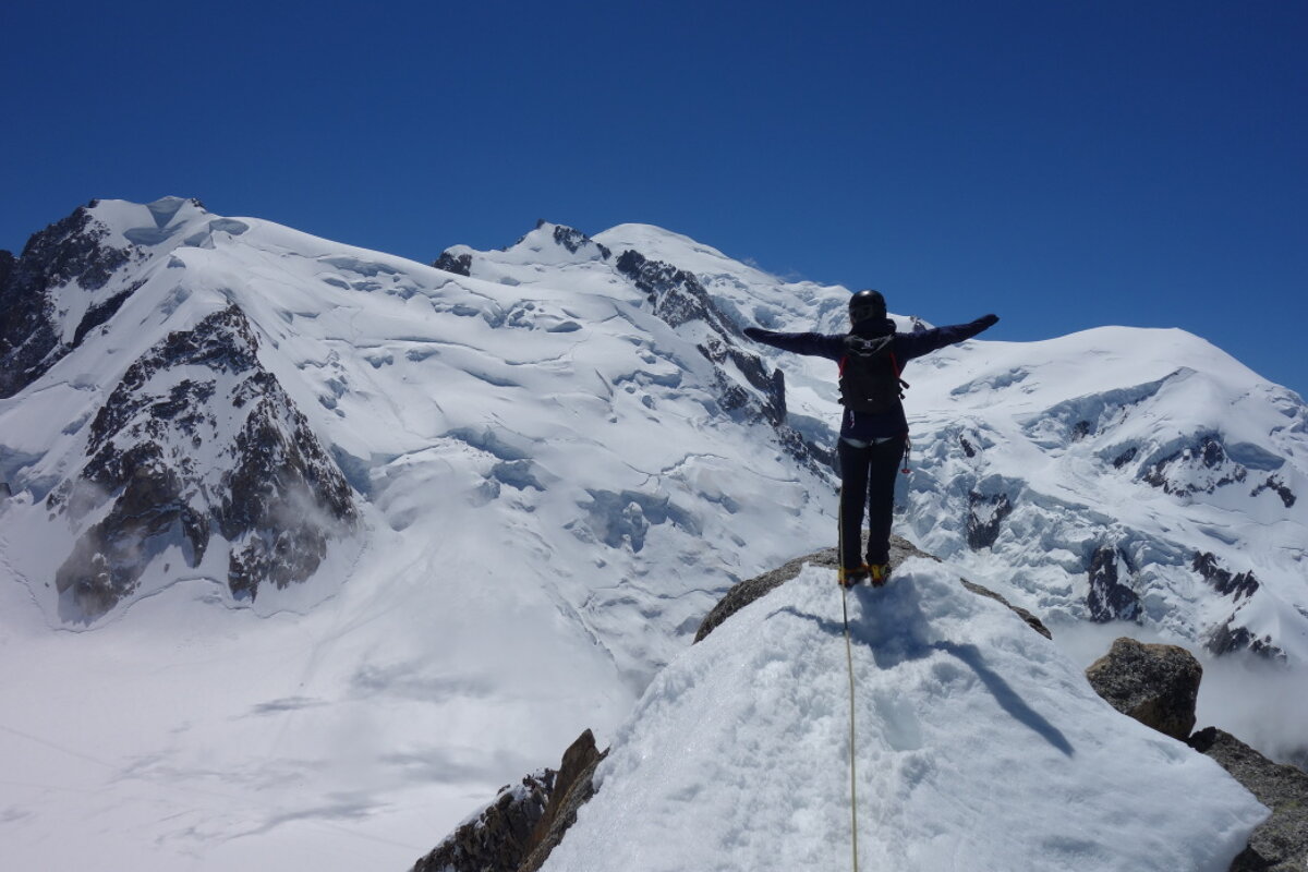 Cosmiques arete with the three monts int eh background, chamonix