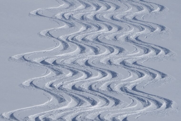 Perfect tracks laid down by a group skiing off-piste for the first time