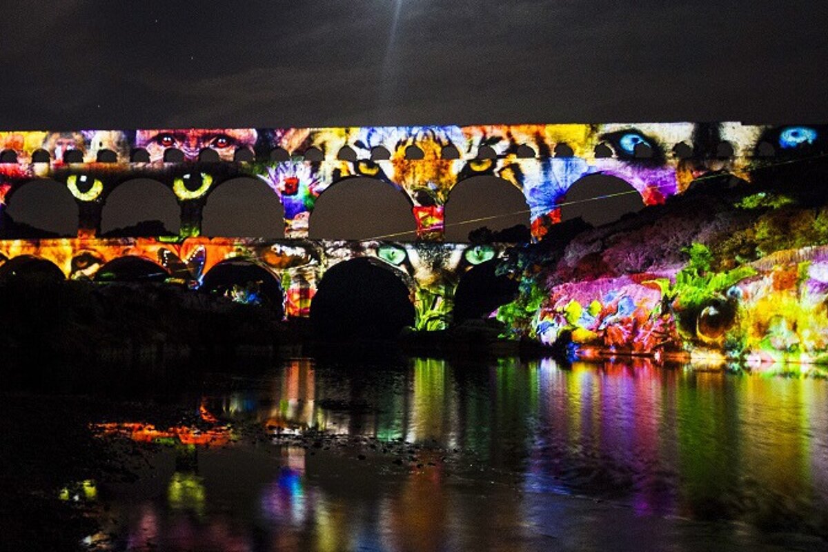 Pont du Gard lit up at night