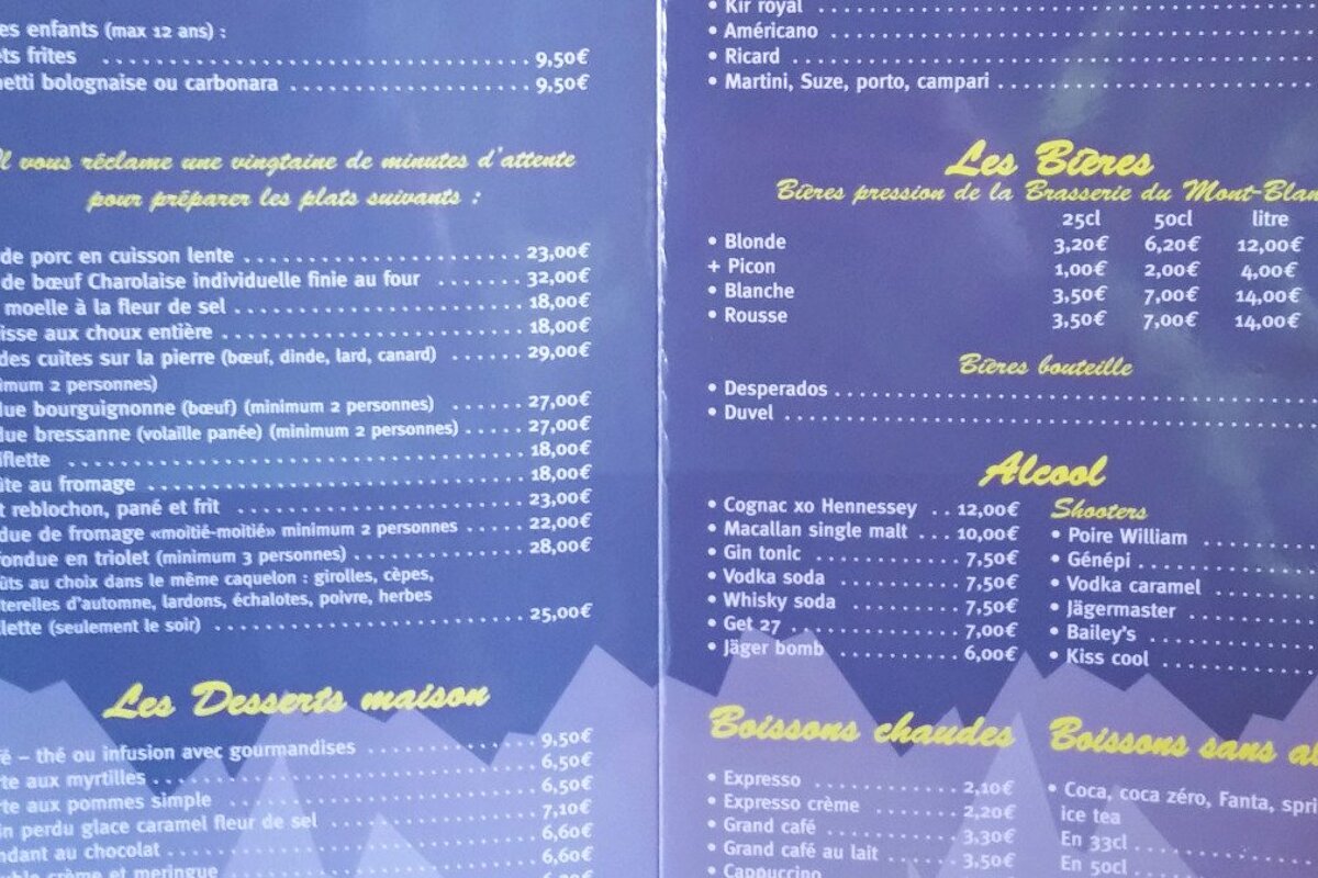 a restaurant menu in avoriaz