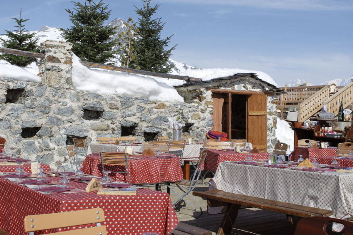 a terrace at a mountain restaurant