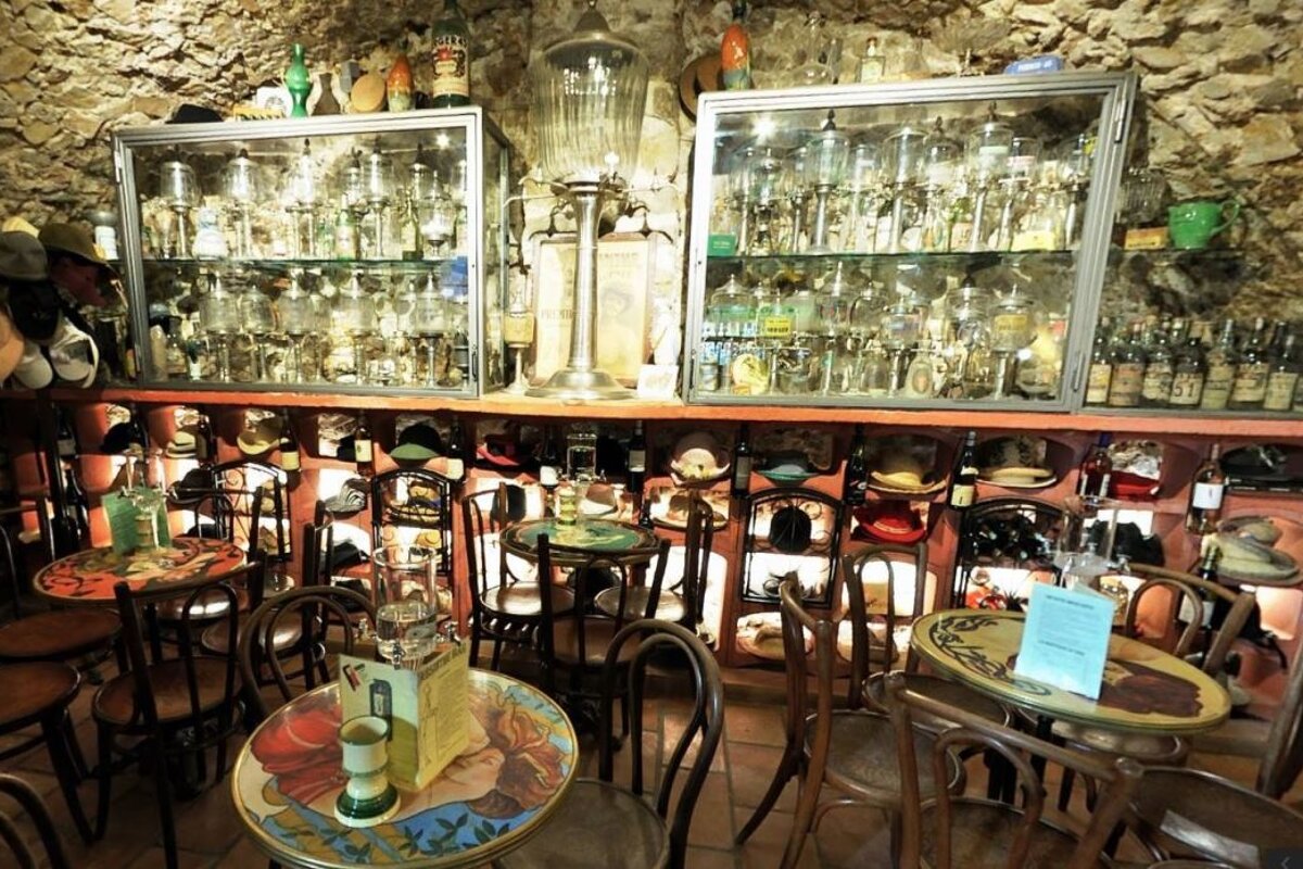 The interior of the Absinthe bar in Antibes with drip tap & hats